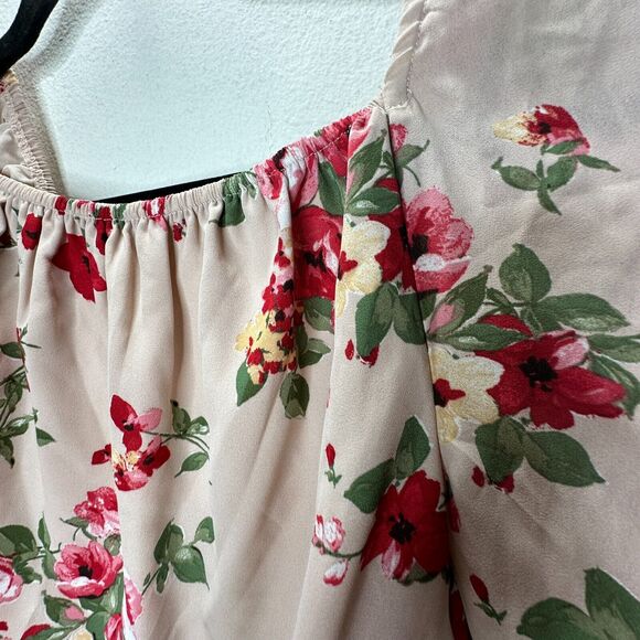 NWT Leith Pink Adobe Taupe Pink Red Floral Print Bell Sleeve Ruffle Wrap Top S - Picture 9 of 14